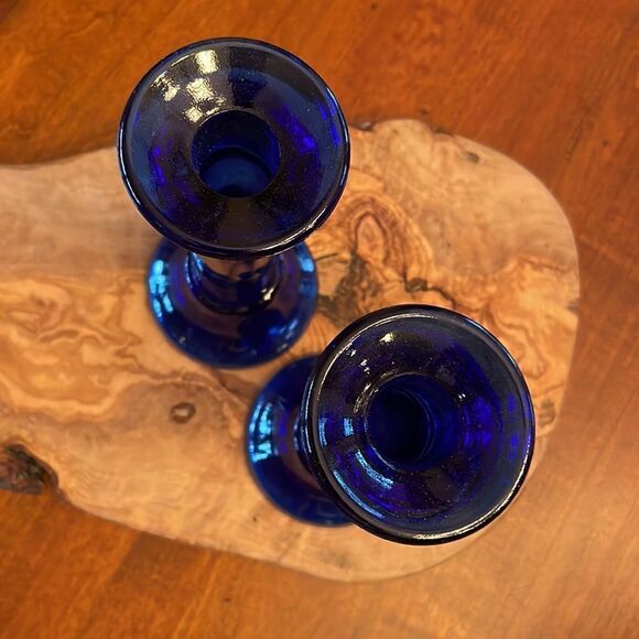 Pair of Cobalt Blue Glass Candlestick Holders - Picture 3 of 5
